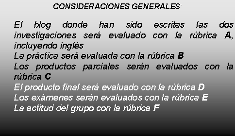 Cuadro de texto: CONSIDERACIONES GENERALES:
El blog donde han sido escritas las dos investigaciones será evaluado con la rúbrica A, incluyendo inglés
La práctica será evaluada con la rúbrica B
Los productos parciales serán evaluados con la rúbrica C 
El producto final será evaluado con la rúbrica D 	 
Los exámenes serán evaluados con la rúbrica E	
La actitud del grupo con la rúbrica F