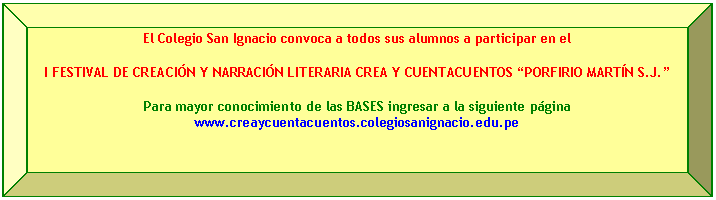 Rectngulo redondeado: TAREA

 

Para realizar tu producto final debers hacer lo siguiente:

Crear una pgina web denominada: EL CUENTACUENTOS "PORFIRIO MARTN S.J., que cumpla con los siguientes requisitos:

1.	Formato

	Lenguaje, tipo de letra y tamao libre.
	No debe tener lneas viudas ni hurfanas

2.	Estructura del cuento

	Introduccin
	Desarrollo
	Desenlace
	Anexos
	Citas y Referencias Bibliogrficas


